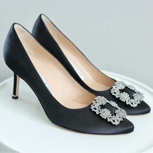 Manolo Blahnik HANGISI Black Satin Jewel Buckle Pumps